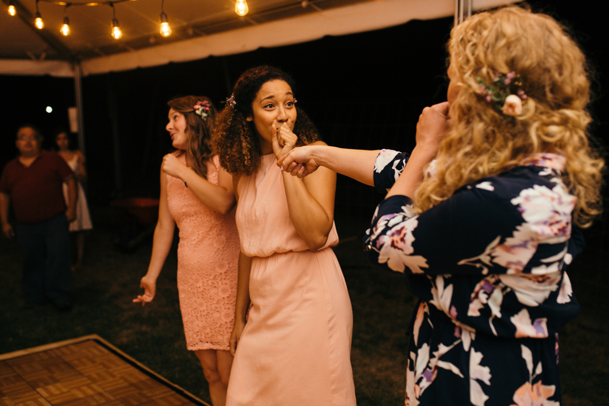 Ladies dancing at the wedding reception The Guild King Francis Park Forest Wedding Ceremony Vancouver Island