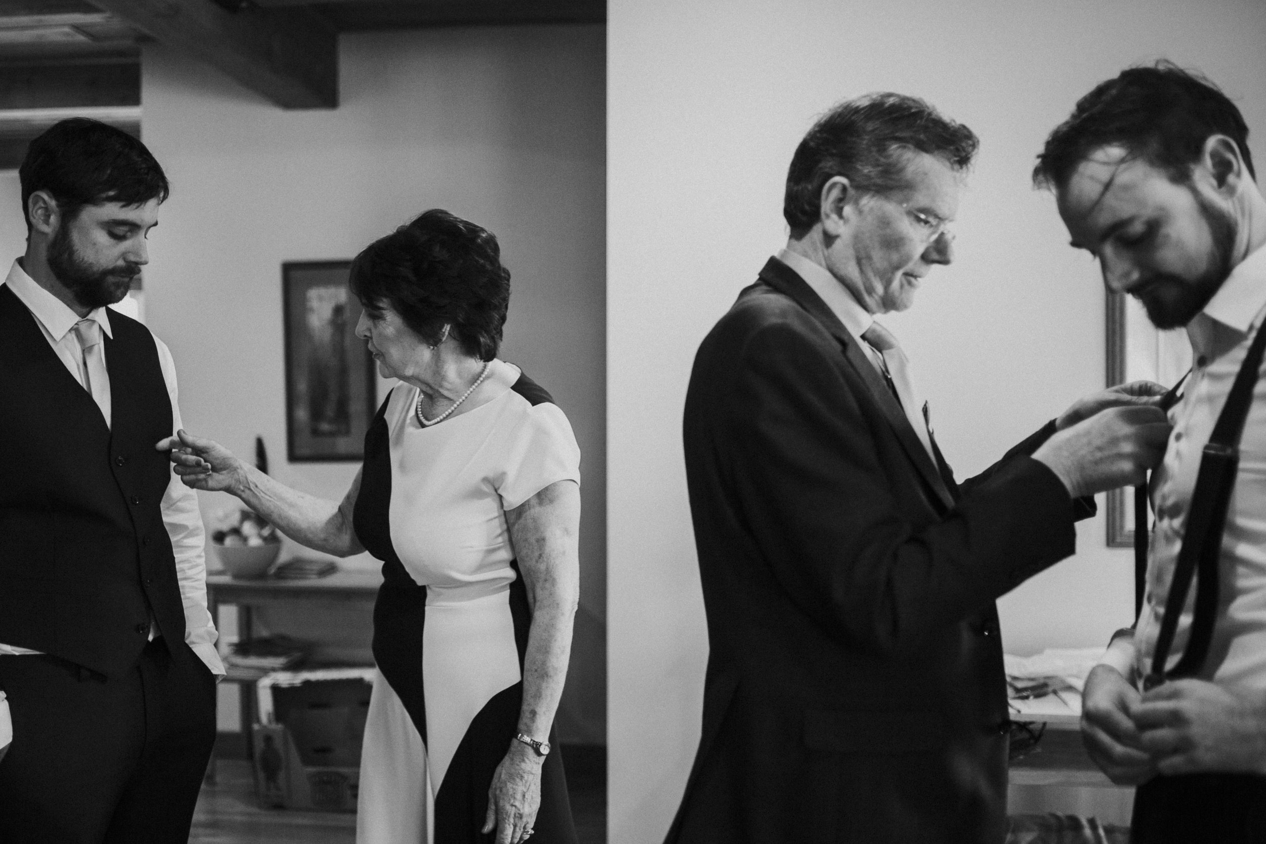 parents helping groom get ready in resort in tofino wedding photographer