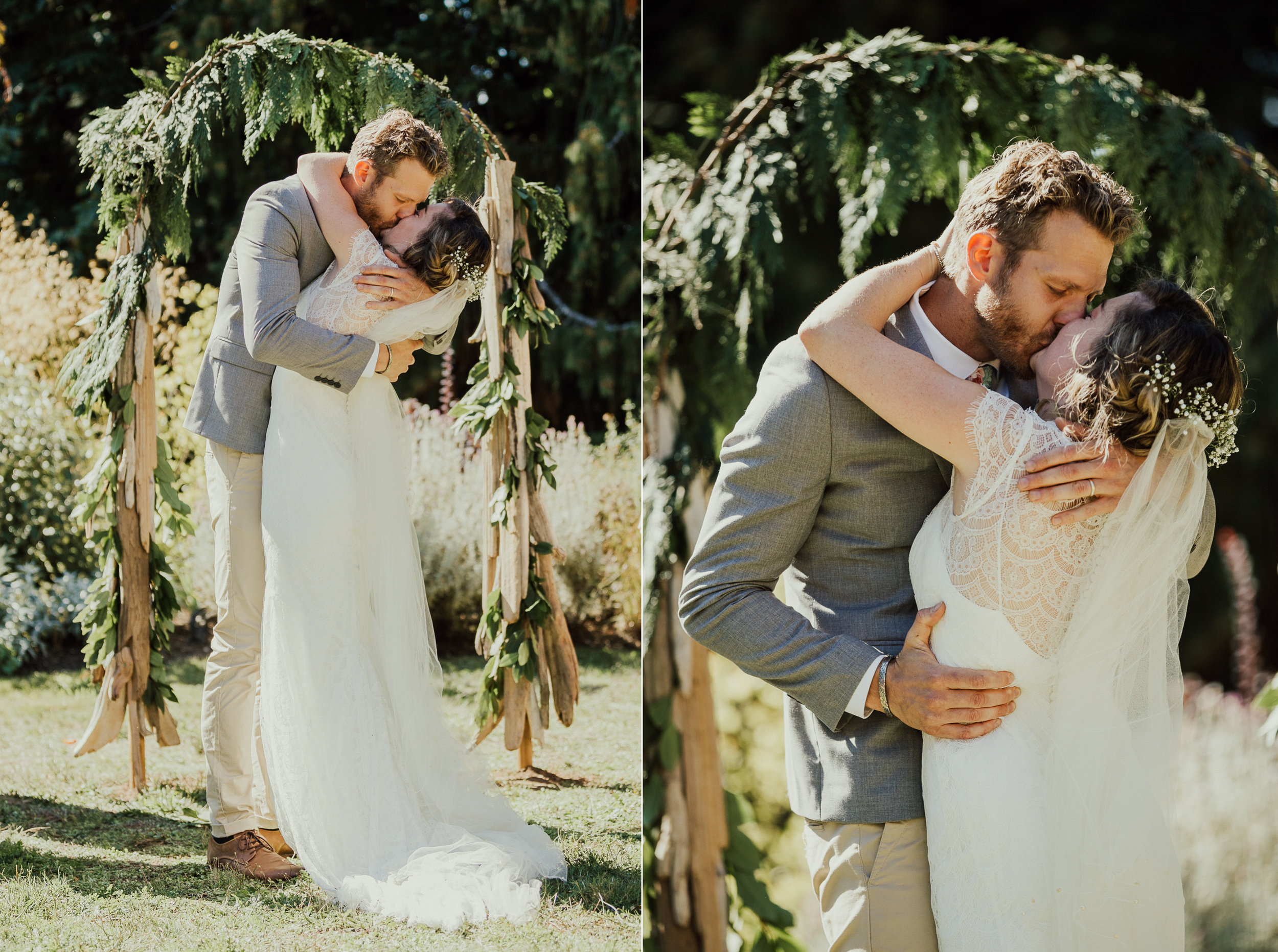 bride and groom have first kiss, backyard wedding, Victoria, Vancouver Island wedding