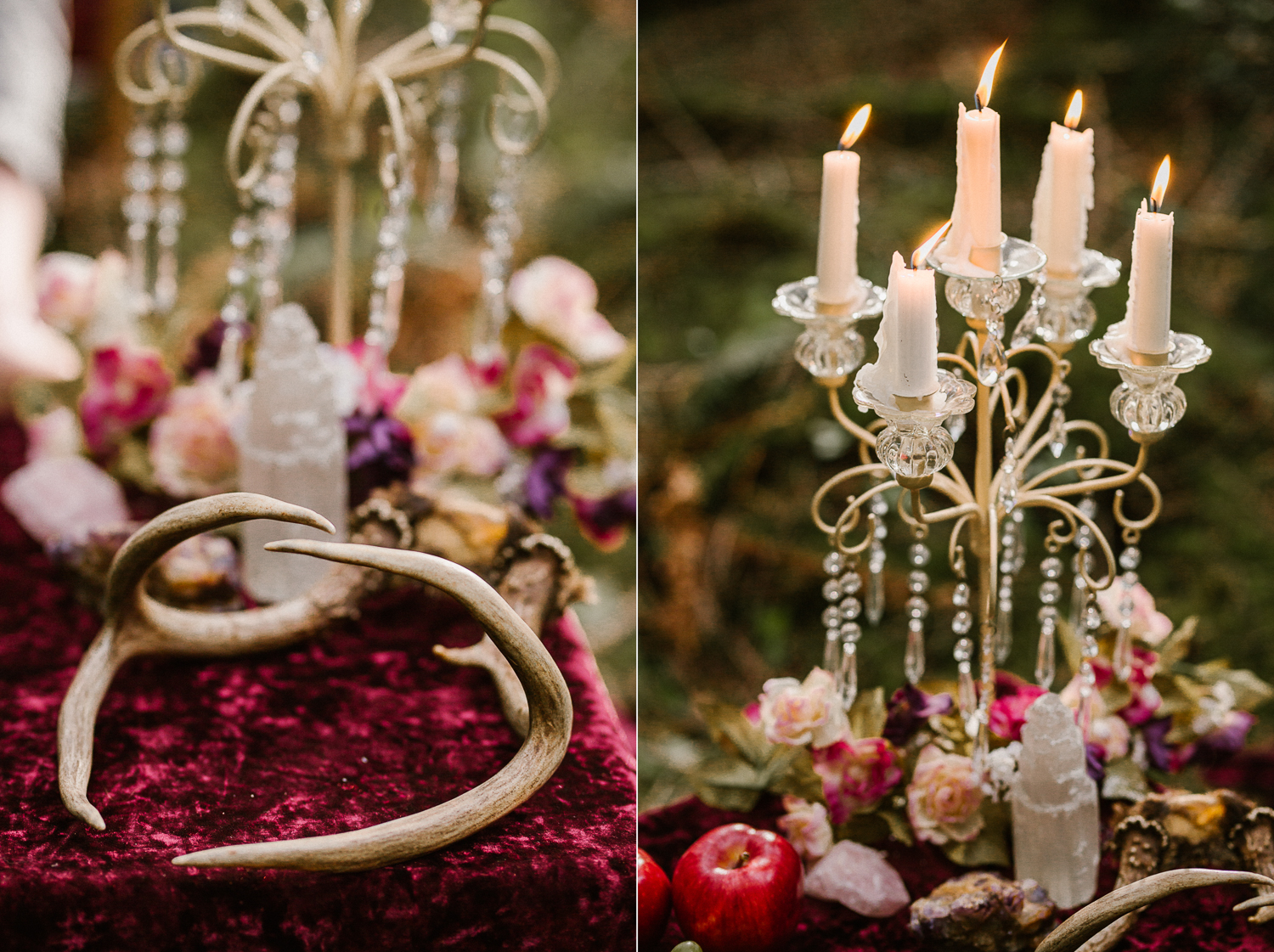 Candles and Deer's horn in a table Forest Engagement Fairytale wedding Victoria
