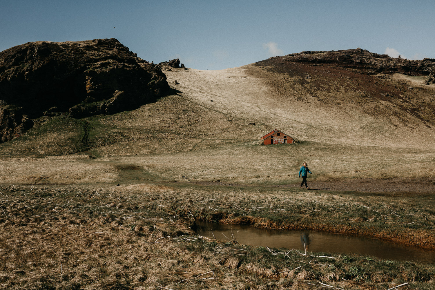 man walking hills vik iceland