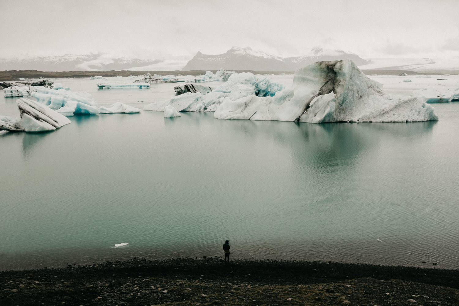 man at Jokulsarlon Glacier Lagoon iceland