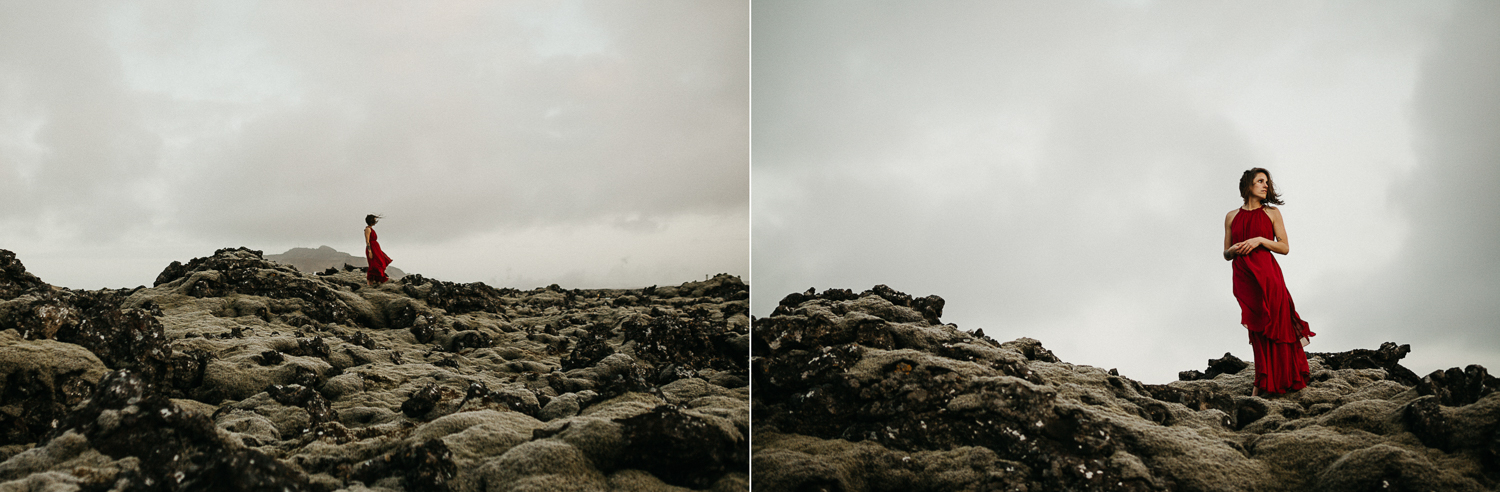 woman in red dress on lava fields sunset