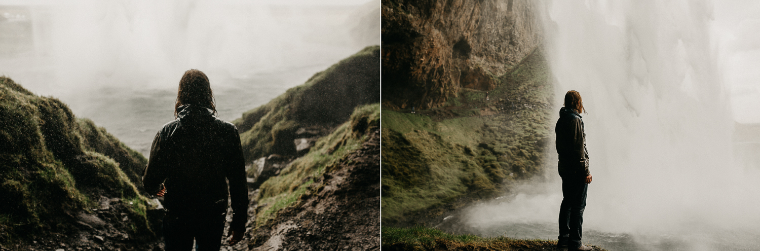 man behind Seljalandsfoss waterfall