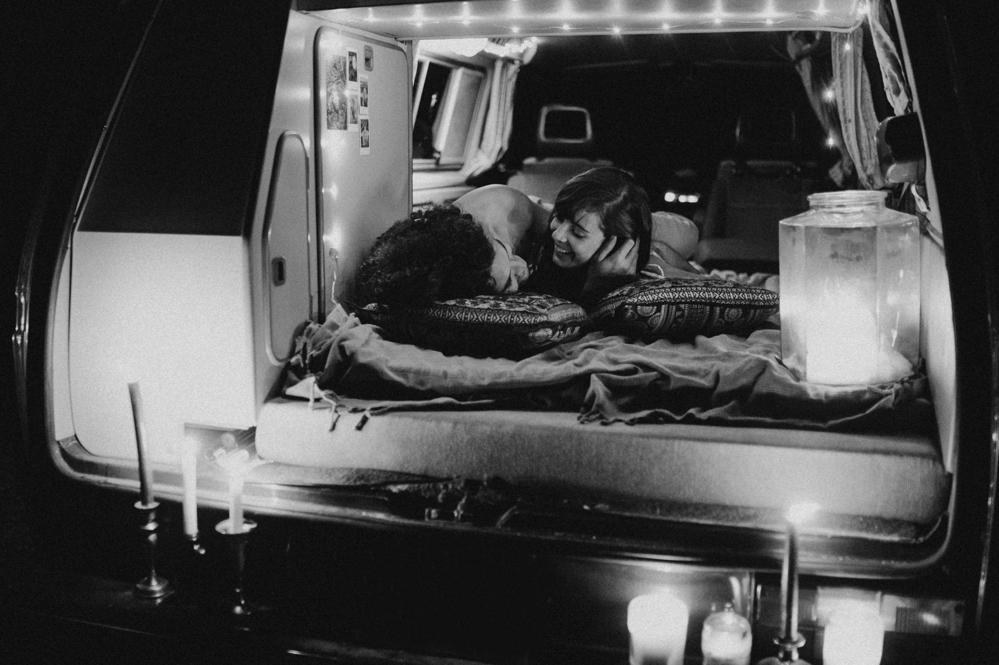 The couple enjoying each other inside a camper van VW Westie Elopement Sombrio Beach Vancouver Island