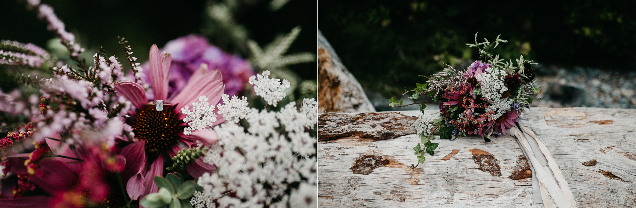 The bouquet of flowers and wedding ring Sombrio Beach Vancouver Island wedding
