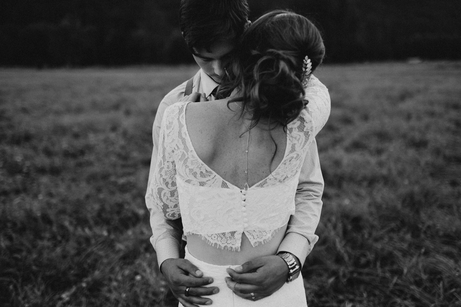 Couple embraces at Pemberton farm wedding