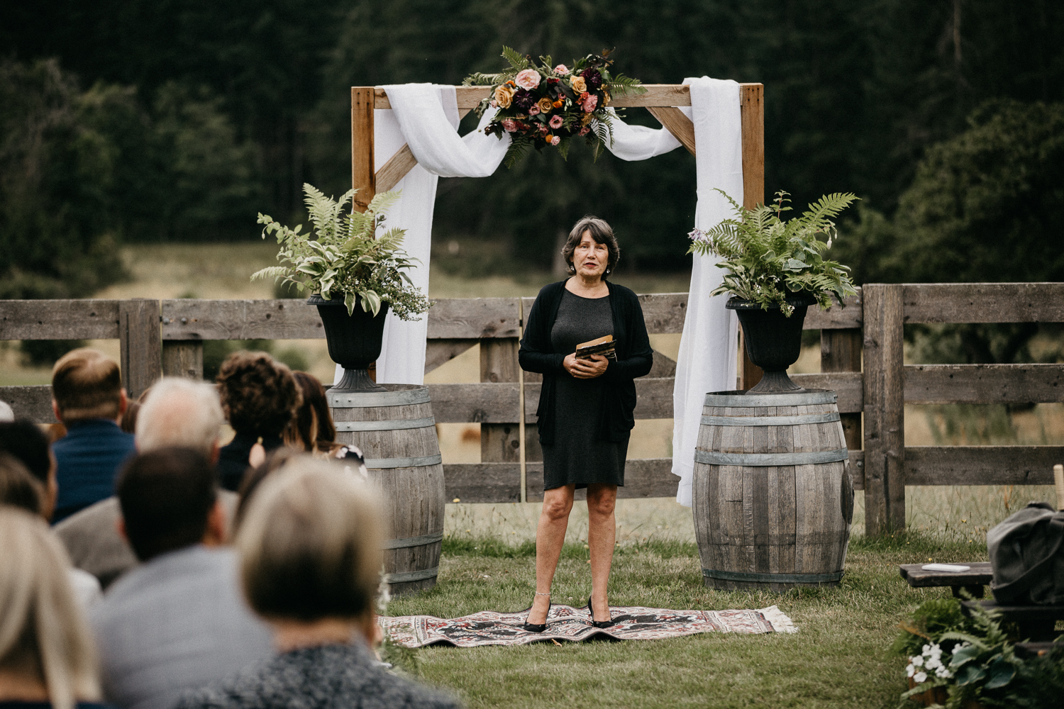 officiant at ceremony at Bird's Eye Cove wedding, Vancouver Island