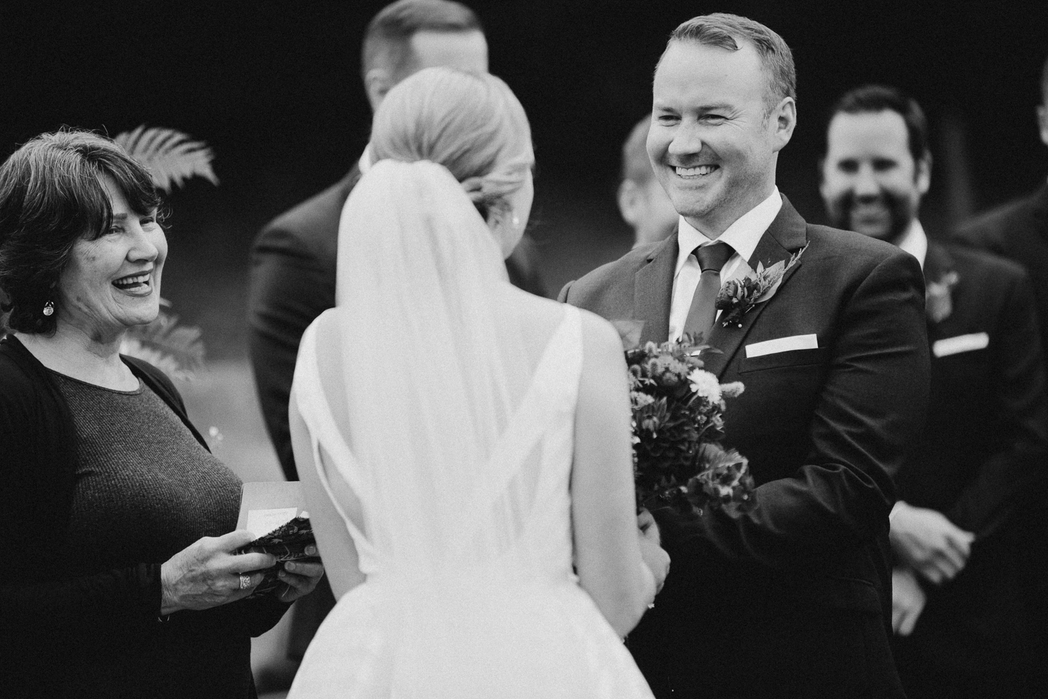 groom smiling at Bird's Eye Cove wedding, Vancouver Island