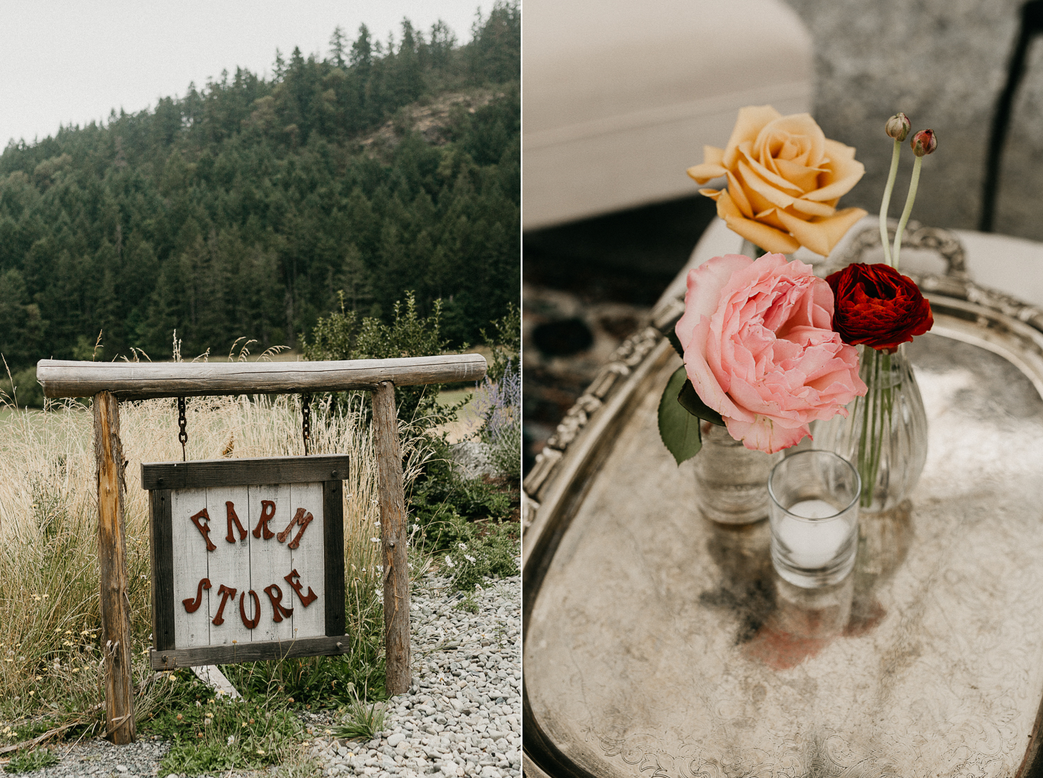 farm stand and flowers at Bird's Eye Cove wedding, Vancouver Island