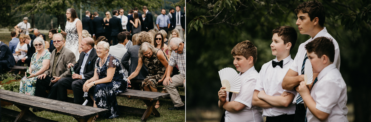 guests gather at ceremony at Bird's Eye Cove wedding, Vancouver Island