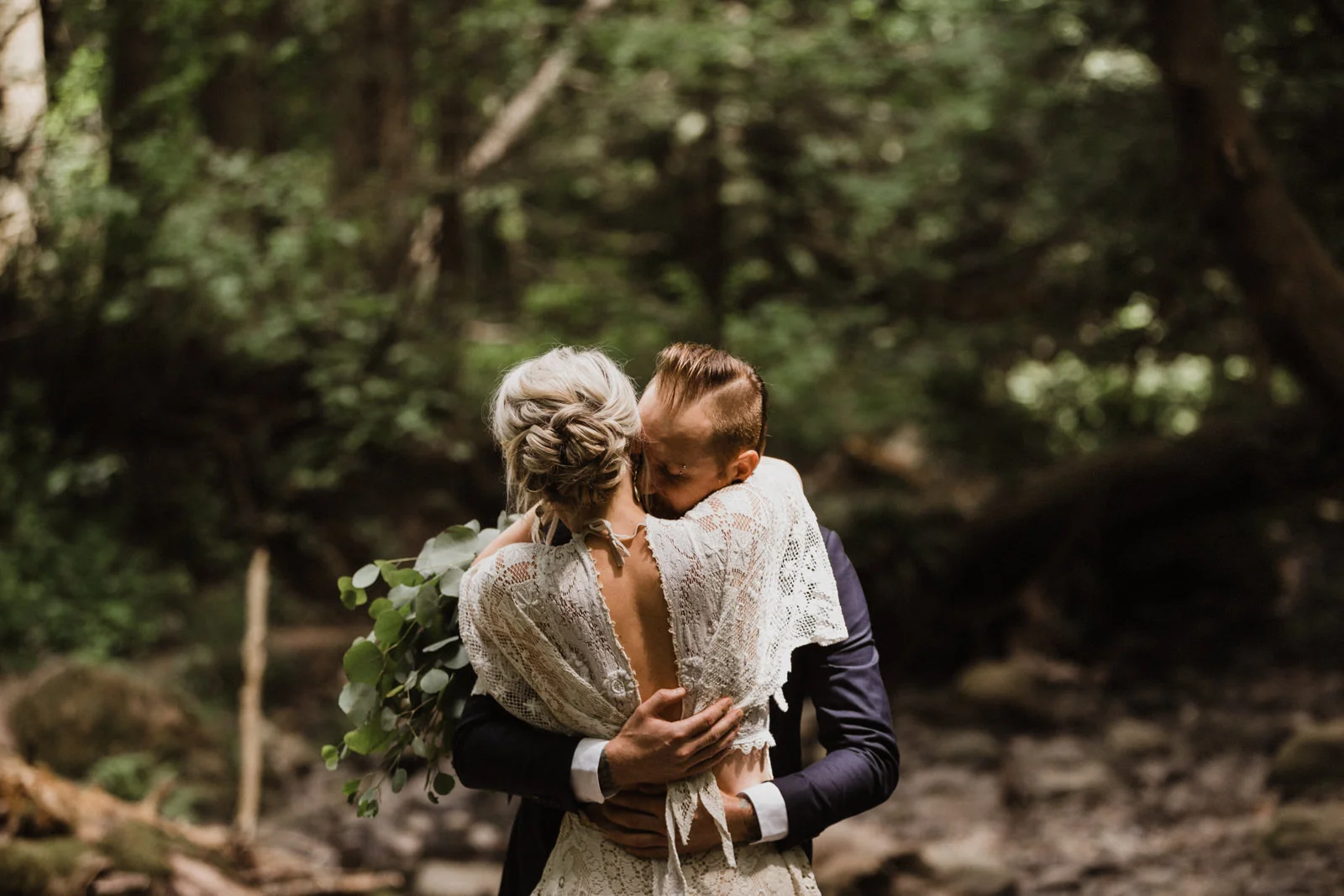 bride and groom embrace in forest victoria wedding photographer
