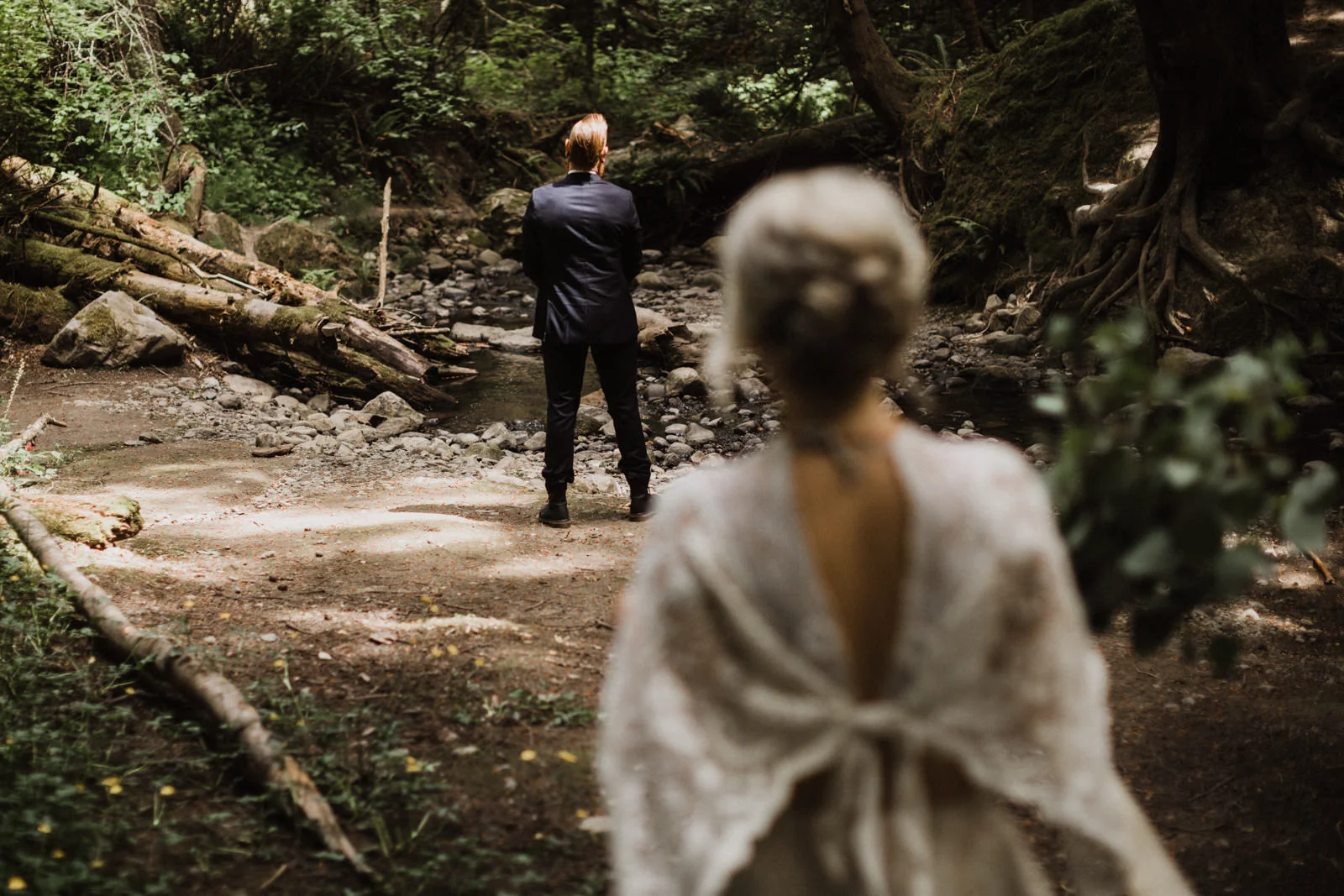 groom waits for bride at first look forest wedding vancouver island wedding photographer