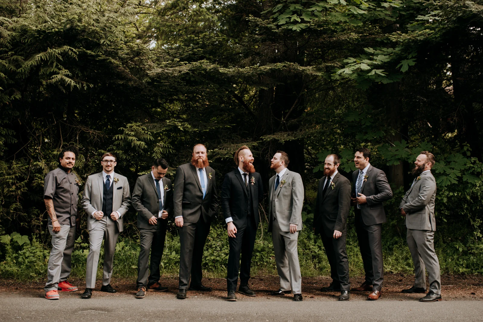 groomsmen pose in forest victoria wedding photographer