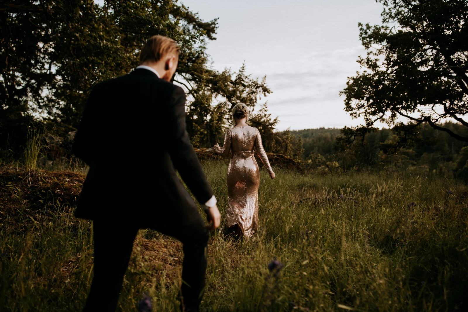 bride and groom walk through forest, victoria wedding photographer