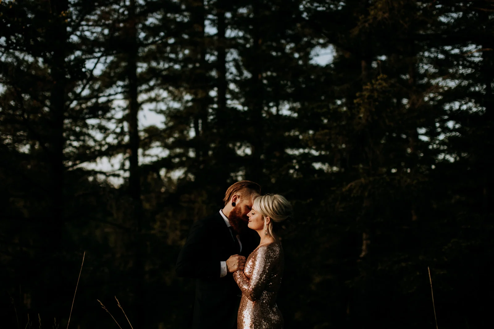 bride and groom at sunset in forest, victoria wedding photographer