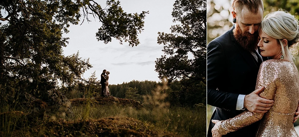 bride and groom at sunset in forest, victoria wedding photographer