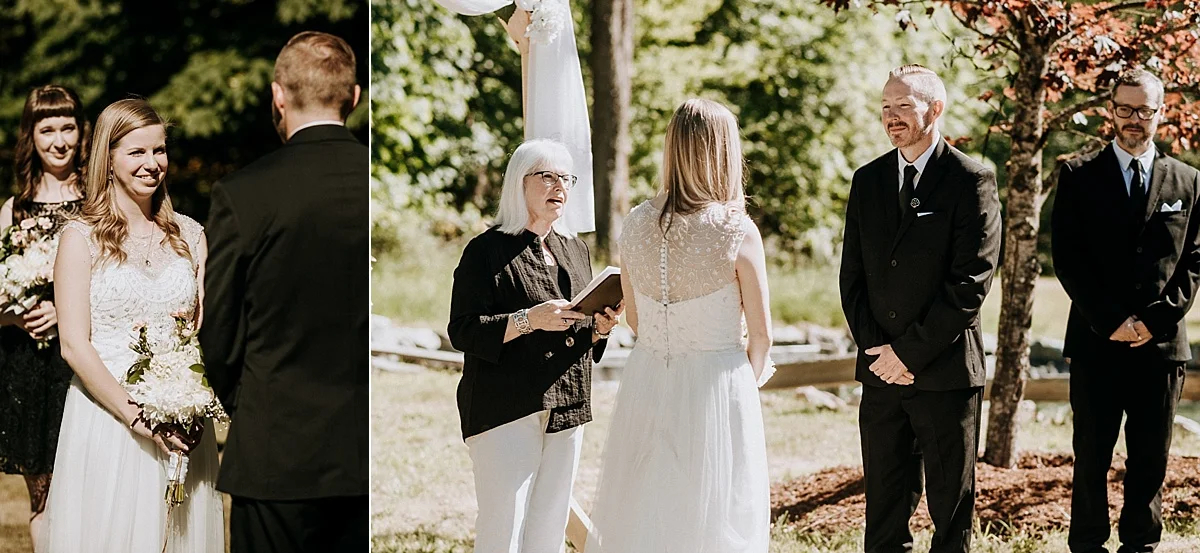 bride and groom exchange vows at farm wedding vancouver island wedding photographer