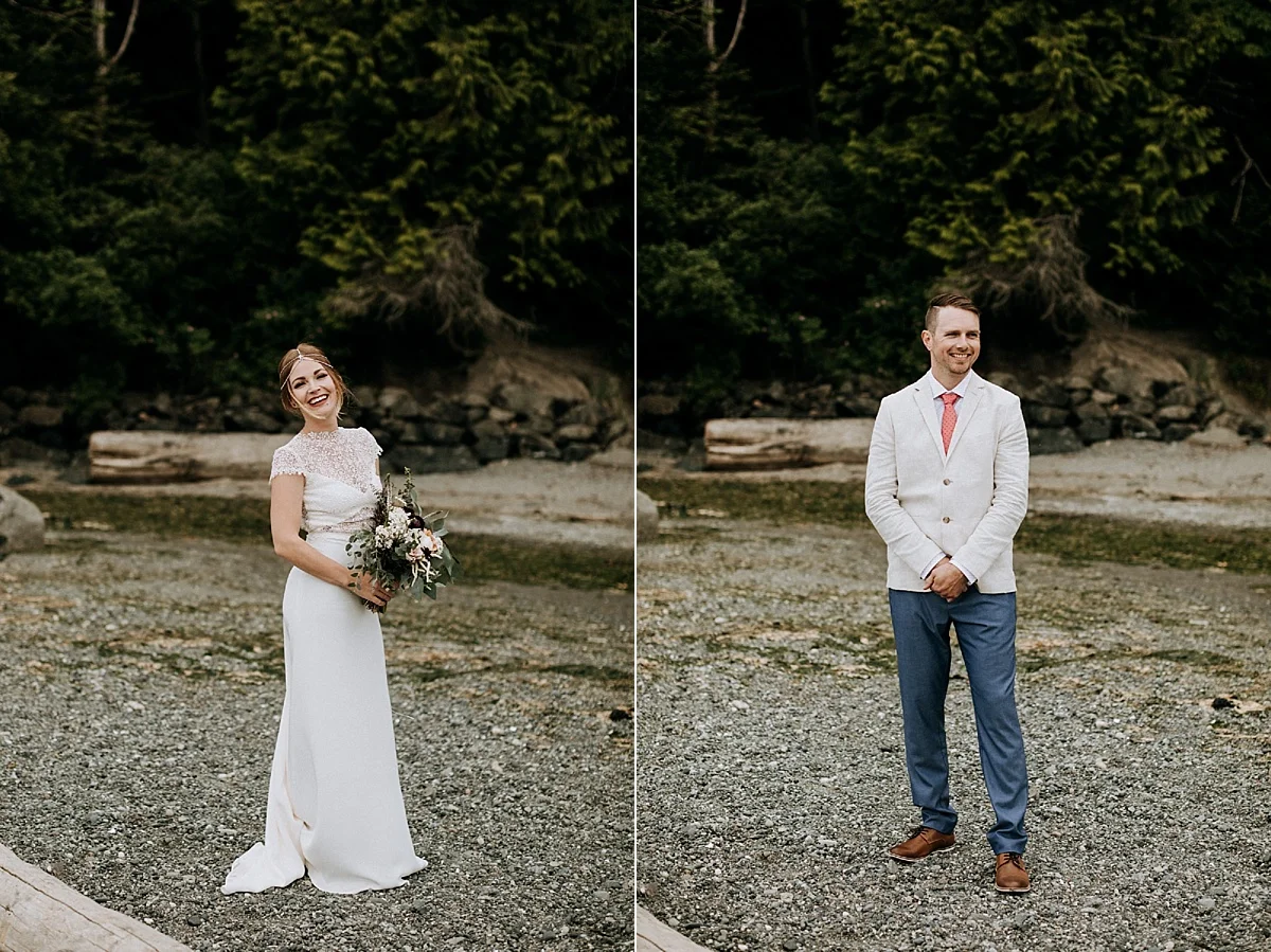 bride and groom on mount doug beach, Victoria elopement photographer