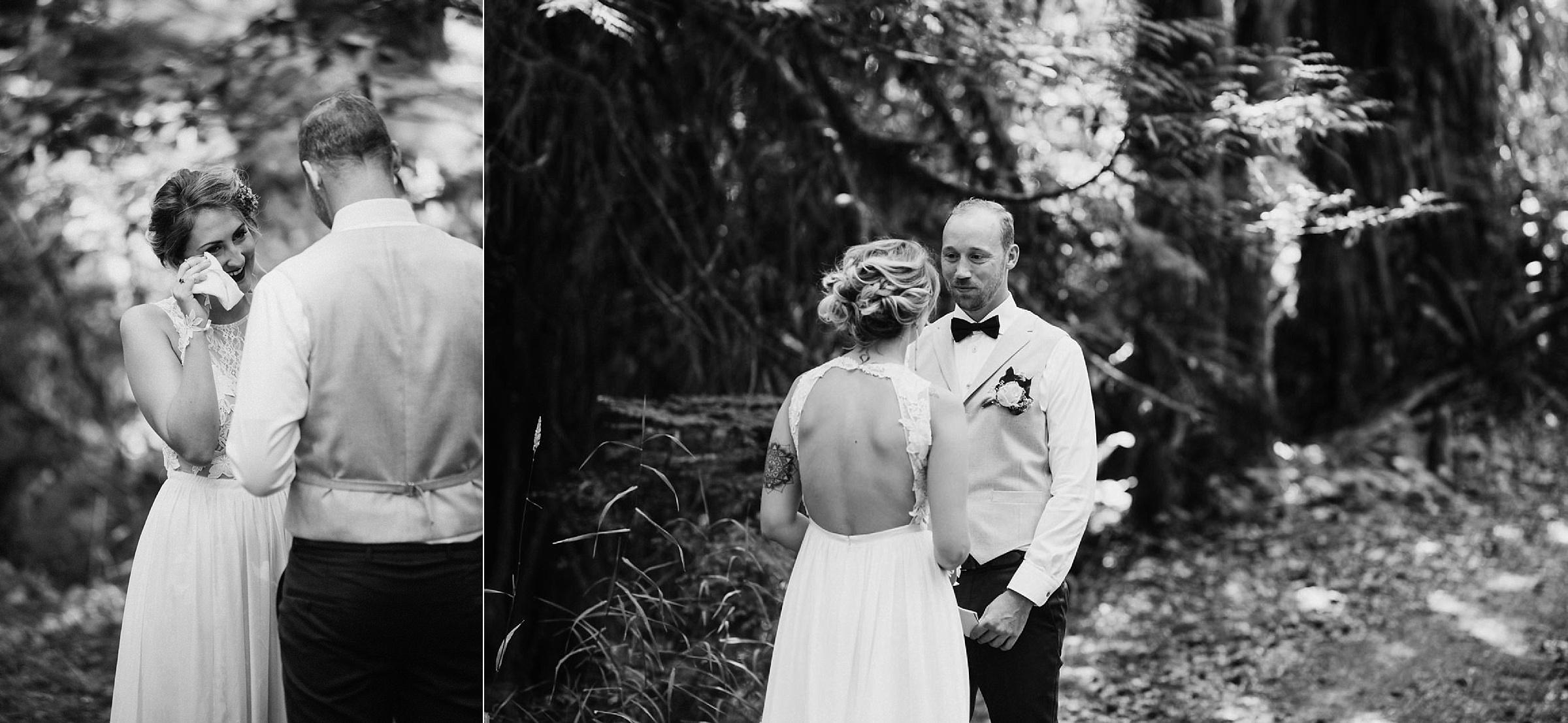 bride and groom exchange vows in forest in Port Alberni