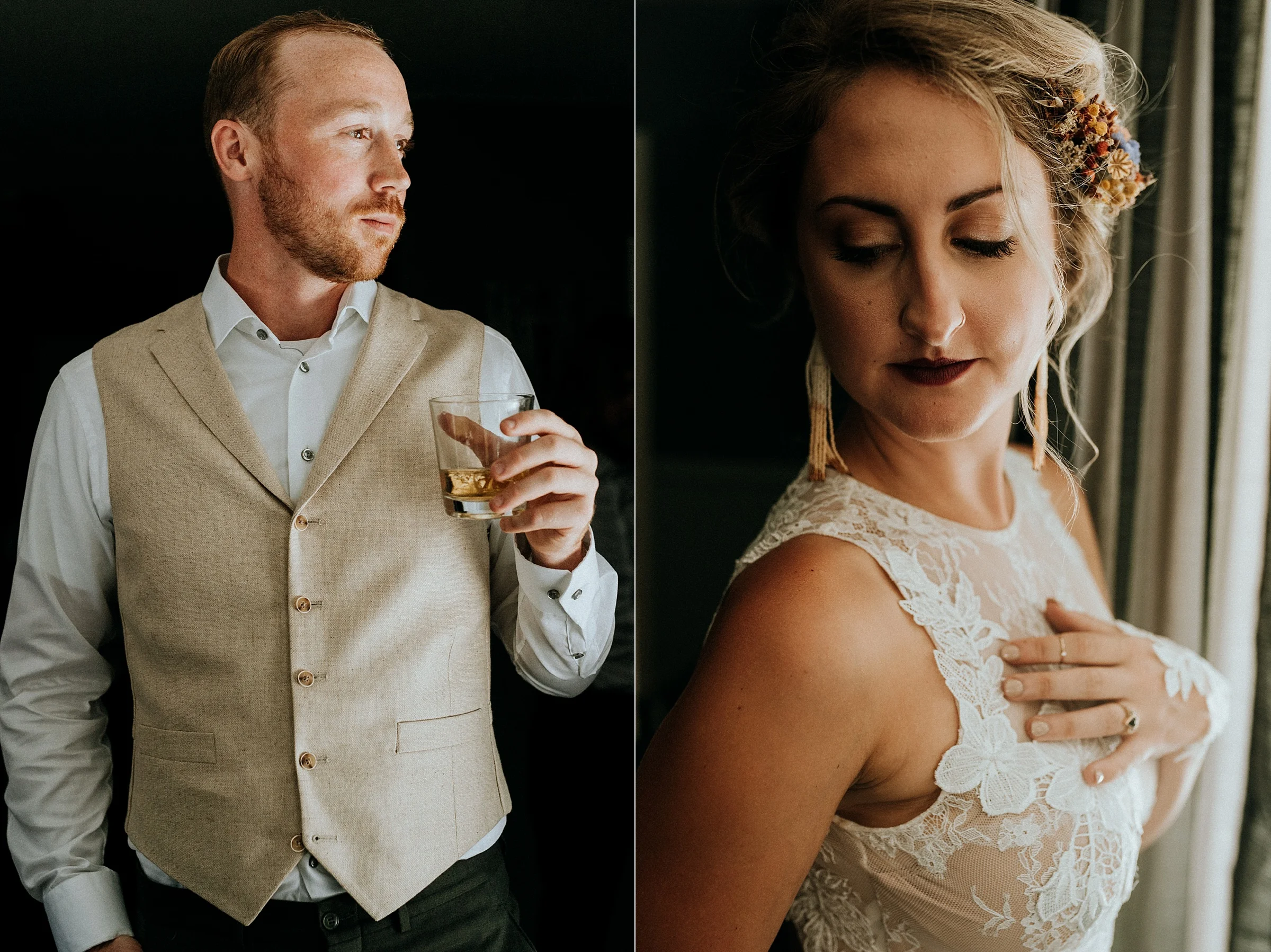 Bride and Groom pose while getting ready Port Alberni wedding Photographer