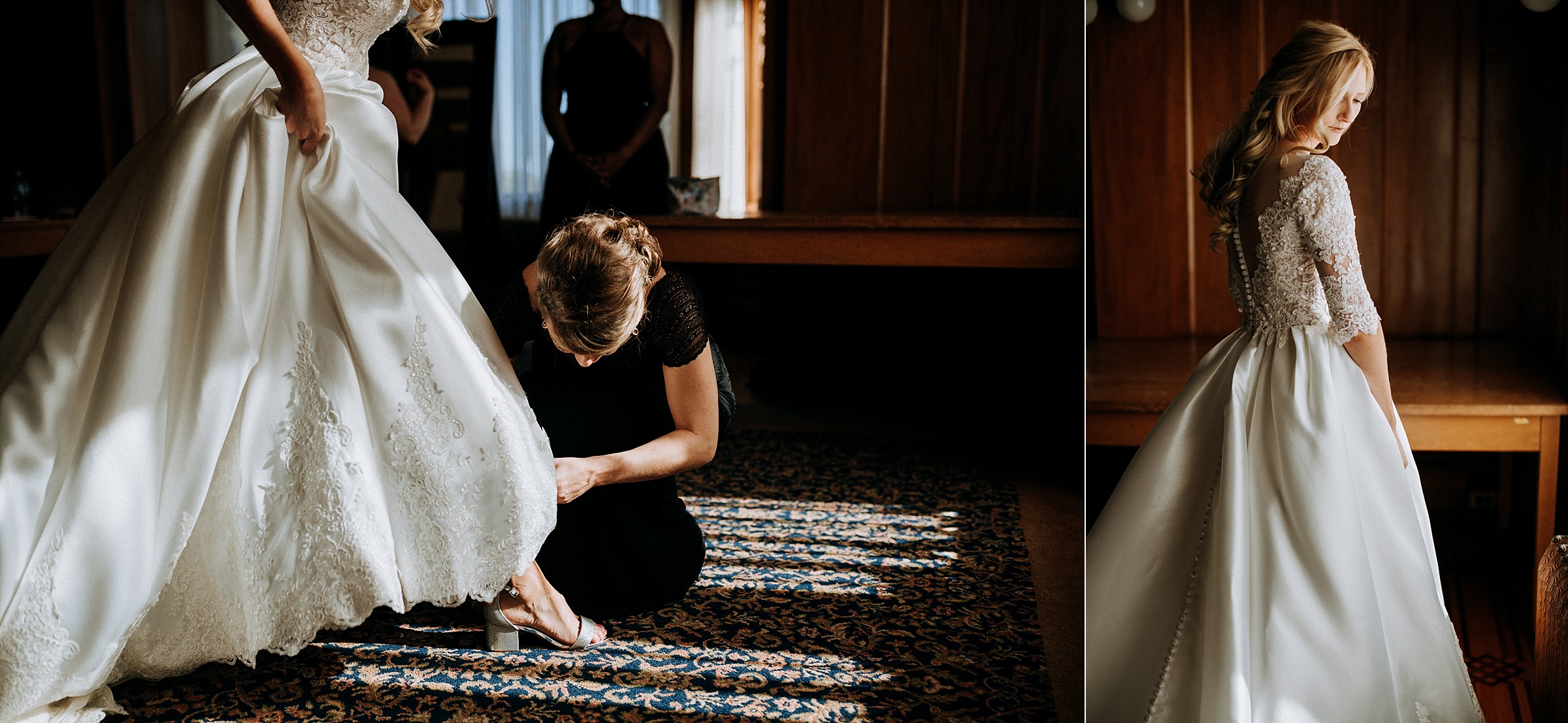 Hatley Castle wedding photographer bride getting her dress on