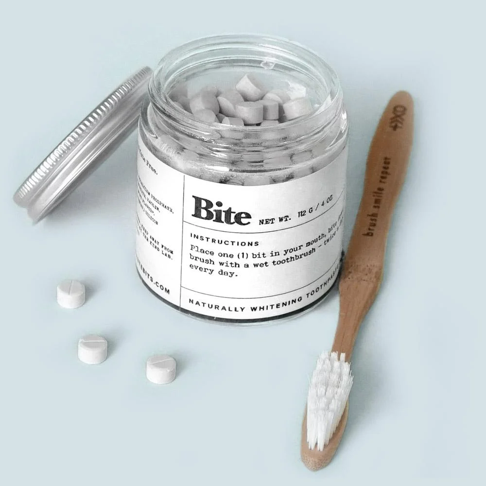 Tooth paste. Shop Toothpaste reinvented! Bite down on the tablet and start brushing. The ingredients are made from biomaterials and are marine degradable. This produce comes in plastic-free and recyclable packaging, which means a lot since 1 Billion toothpaste tubes are thrown out globally each year! You can also subscribe to refill your glass bottles.