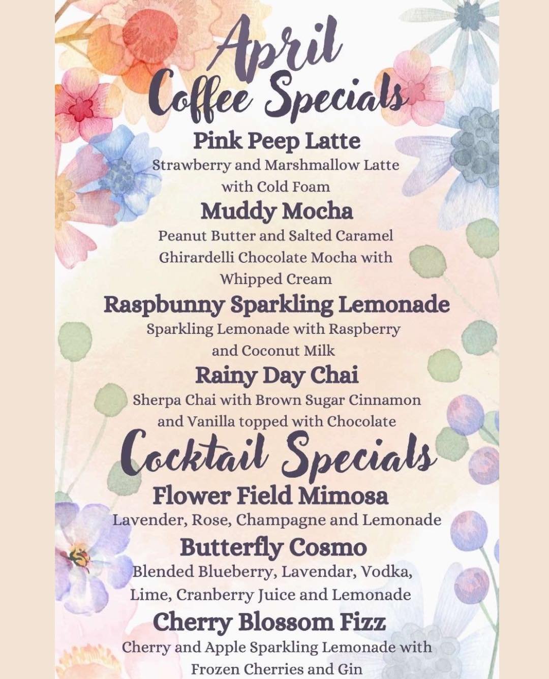April showers bring May flowers!! If cloudy skies are making you feel down, come by to try one of our April specials! Don&rsquo;t forget that ordering a drink special will get you double reward points for your visit! 🌷💕☕️

#manitou #manitousprings 