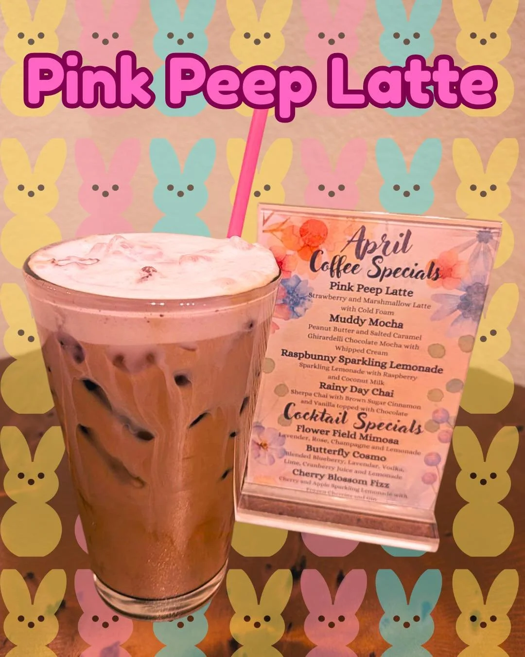 Our returning favorite pink peep latte!! Made with strawberry and toasted marshmallow syrups, this latte will satisfy your sweet tooth while being the perfect pick me up! Do you like to have your peeps fresh out of the package or perfectly stale and 