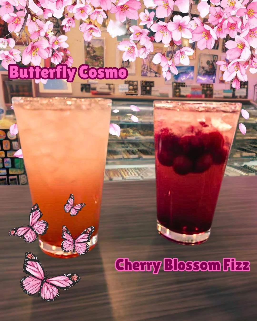 Double trouble! Two of our April cocktail specials that are sure to brighten your day! The Butterfly Cosmo 🦋 with blueberry, lavender, vodka, cranberry &amp; lime juice, and topped with lemonade! Then the Cherry Blossom Fizz 🌸 with frozen cherry, a