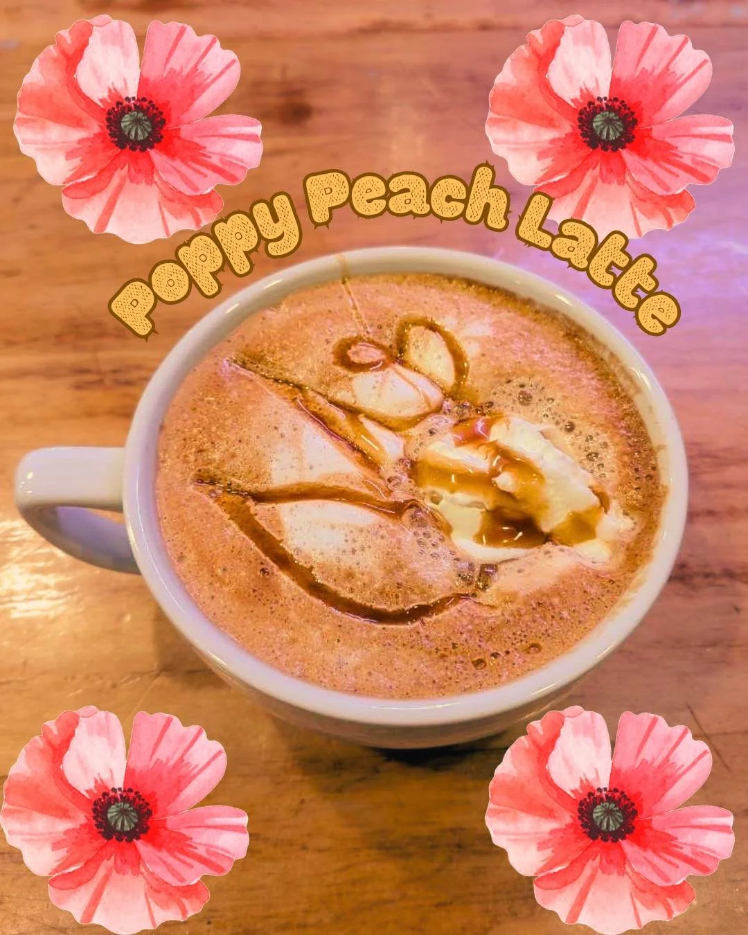 Introducing the Poppy Peach Latte! Served iced or hot this breve latte is sweetened with vanilla and peach, then topped with whipped cream and caramel drizzle! Come try this unique flavor combo that is perfect for a hot spring day or a rainy, chilly 