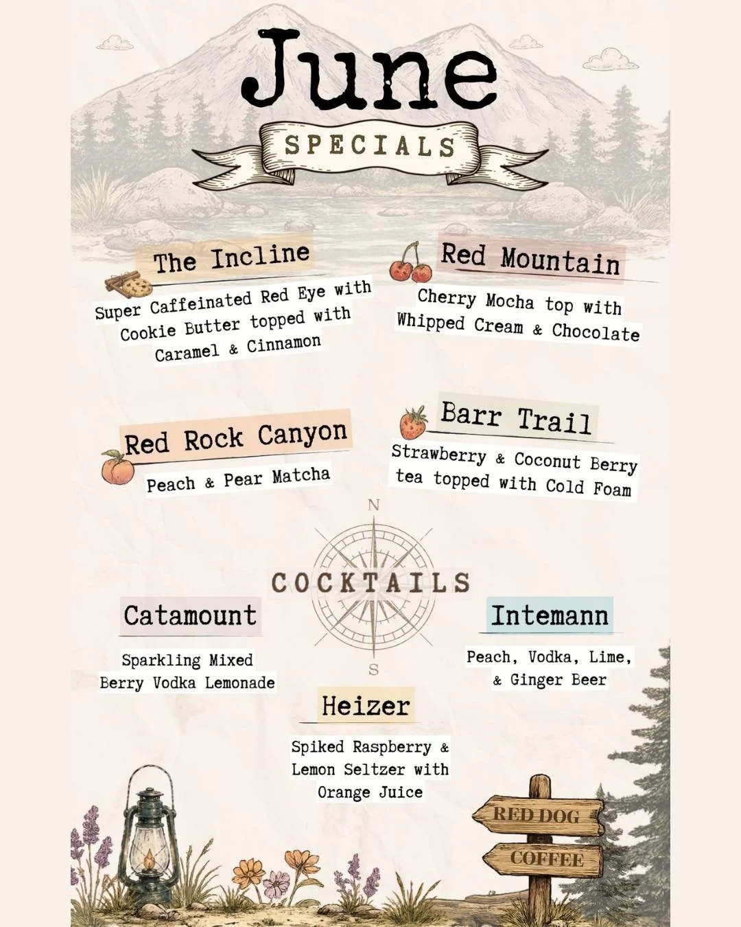 Hello Summer! This month we have some hiking themed specials, designed to inspire and fuel your next adventure! 🏔️

#manitou #manitousprings #coloradosprings #coloradosmallbusiness #reddogcoffee #coffee #latte
