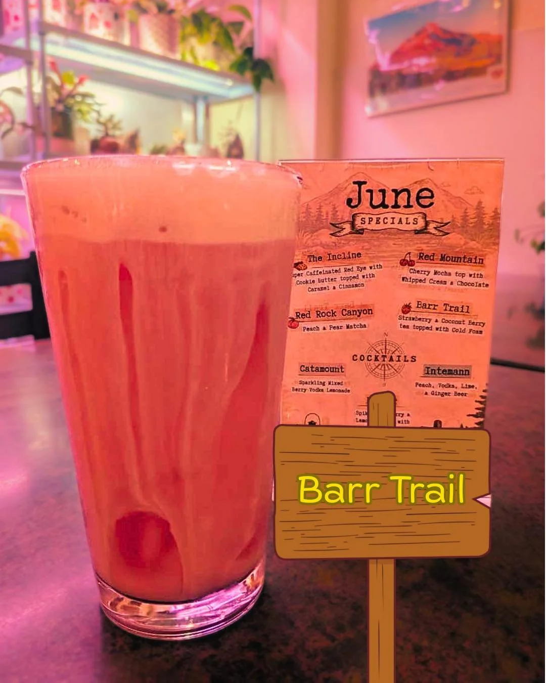 The Barr Trail is a 12 mile trail that begins in Manitou Springs and ends at the 14,115 foot summit of Pikes Peak, our Barr Trail special is an herbal berry iced tea, sweetened with strawberry and coconut and topped with vanilla cold foam. Whether yo