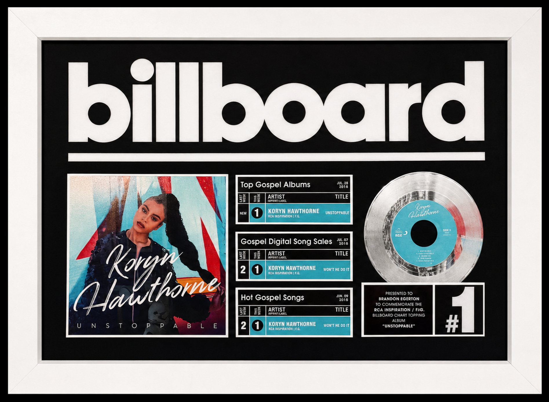 Framed Billboard Chart for Gospel music featuring Koryn Hawthorne's album 'Unstoppable', including her single 'Won't He Do It' and a silver platinum disc award. Presented to Brandon Egerton.