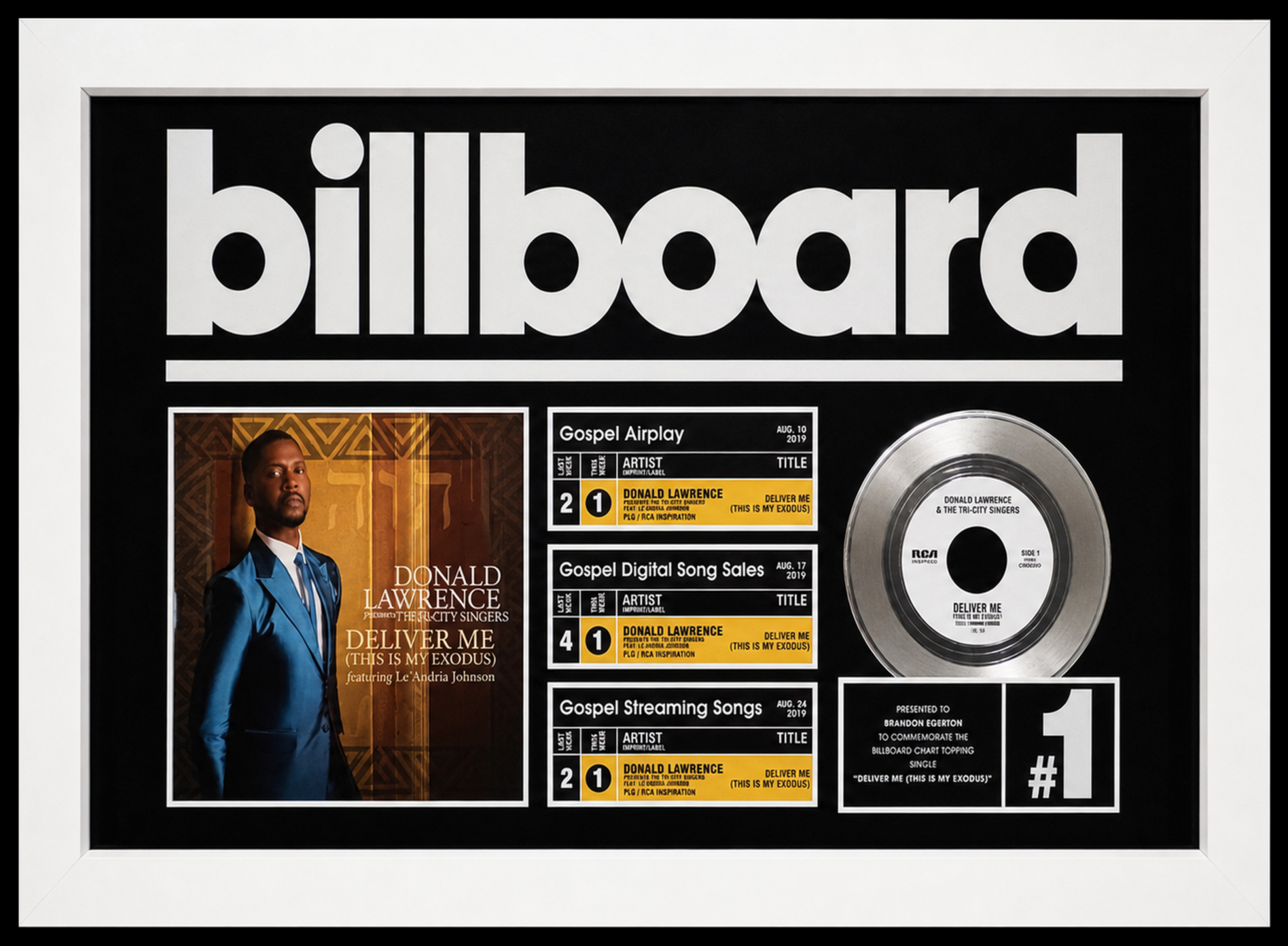 A framed display of a Billboard music chart award for Donald Lawrence and The Tri-City Singers for this is my Exodus, along with a gold record plaque, both commemorating the song's success. Presented to Brandon Egerton.