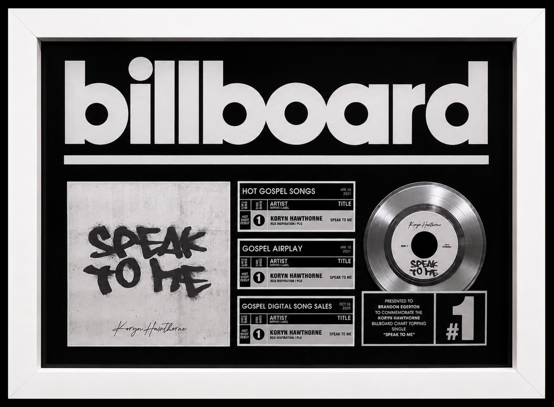 A framed Billboard chart award for Koryn Hawthorne, including a gold record plaque and a print of her song "Speak to Me." Presented to Brandon Egerton.