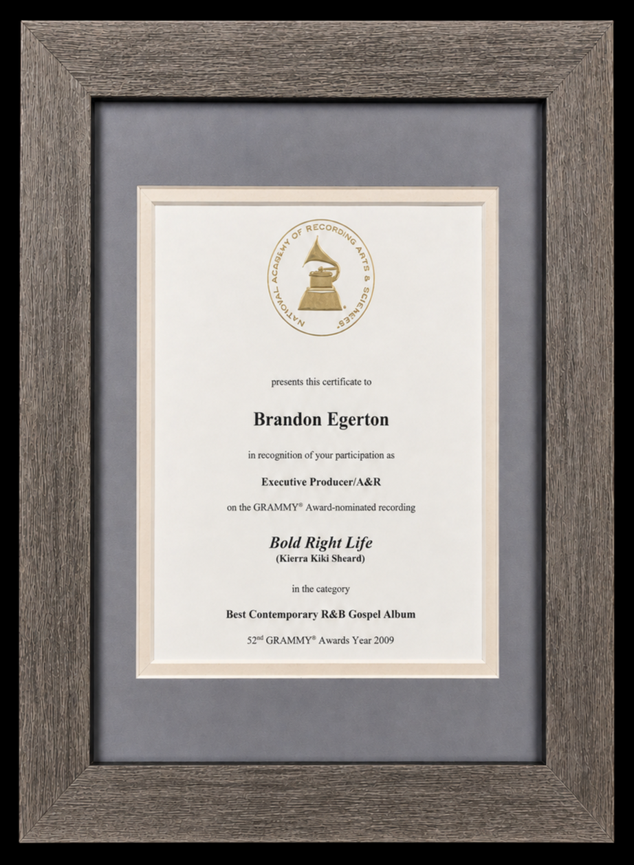 Certificate of award from the National Academy of Recording Arts & Sciences presented to Brandon Egerton for a Grammy nomination in 2009 for Best Contemporary R&B Gospel Album, for the album Bold Right Life.