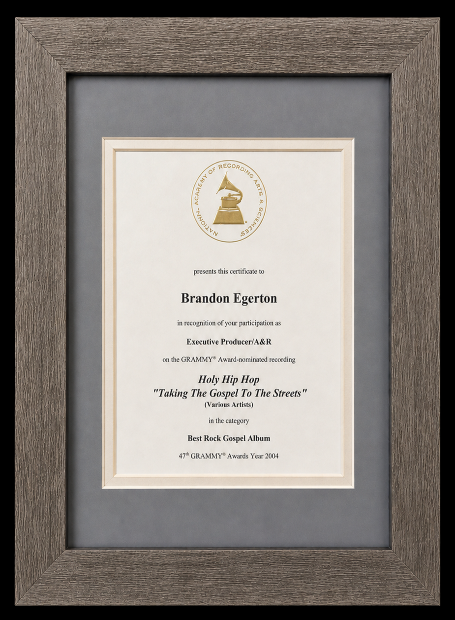 Framed Grammy certificate awarded to Brandon Egerton for Best Rock Gospel Album in 2004.