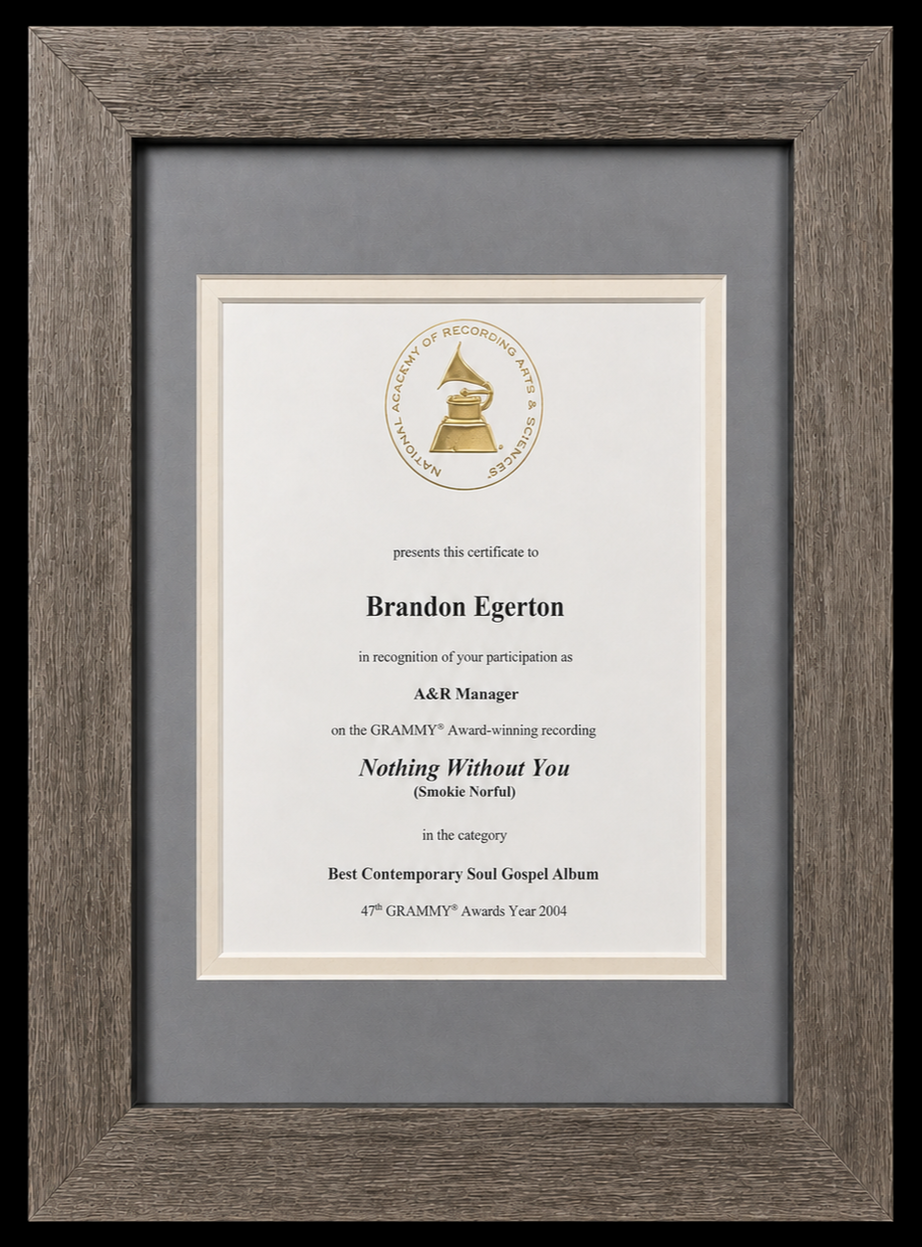 Certificate of award for Brandon Egerton from the National Academy of Recording Arts & Sciences, recognizing participation as A&R Manager on the Grammy-winning album "Nothing Without You" in the category of Best Contemporary Soul Gospel Album, awarde