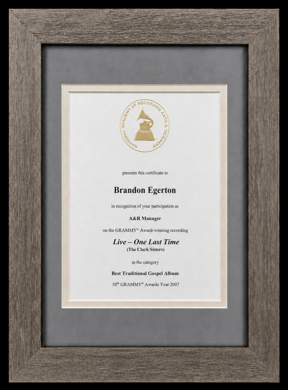 Certificate awarded to Brandon Egerton for Best Traditional Gospel Album by the Clark Sisters at the 50th Grammy Awards in 2007, presented by the National Academy of Recording Arts & Sciences, framed in wood.