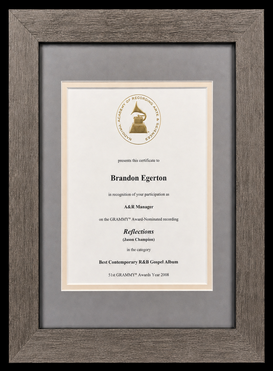 A framed Grammy certificate awarded to Brandon Egerton for participating in the Grammy-winning album 'Reflections' by Jason Champion in 2008.