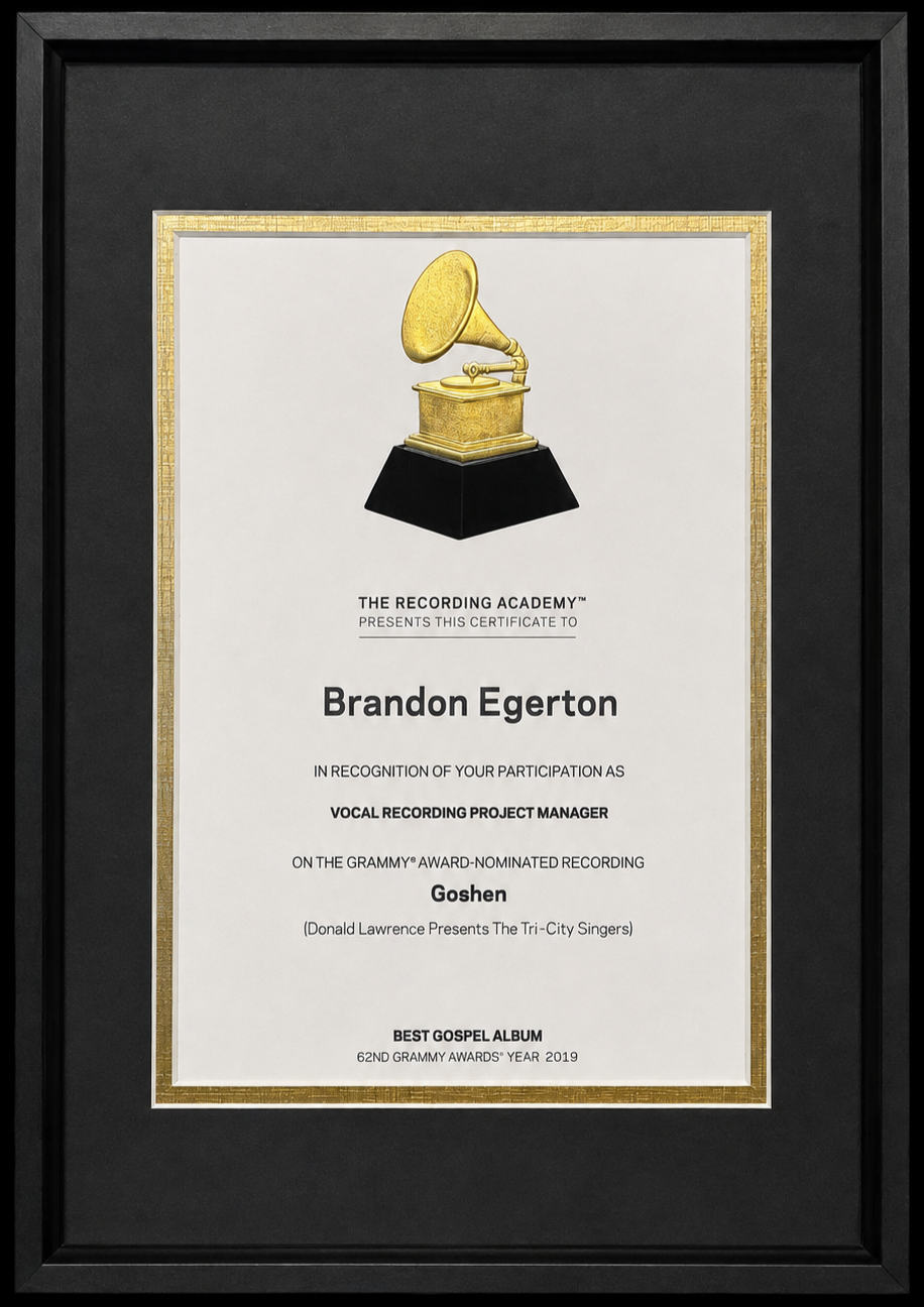 Certificate awarded to Brandon Egerton for recognition as Vocal Recording Project Manager, presented by The Recording Academy, for the Grammy nominated record 'Goshen' in the Best Gospel Album category, 2019.