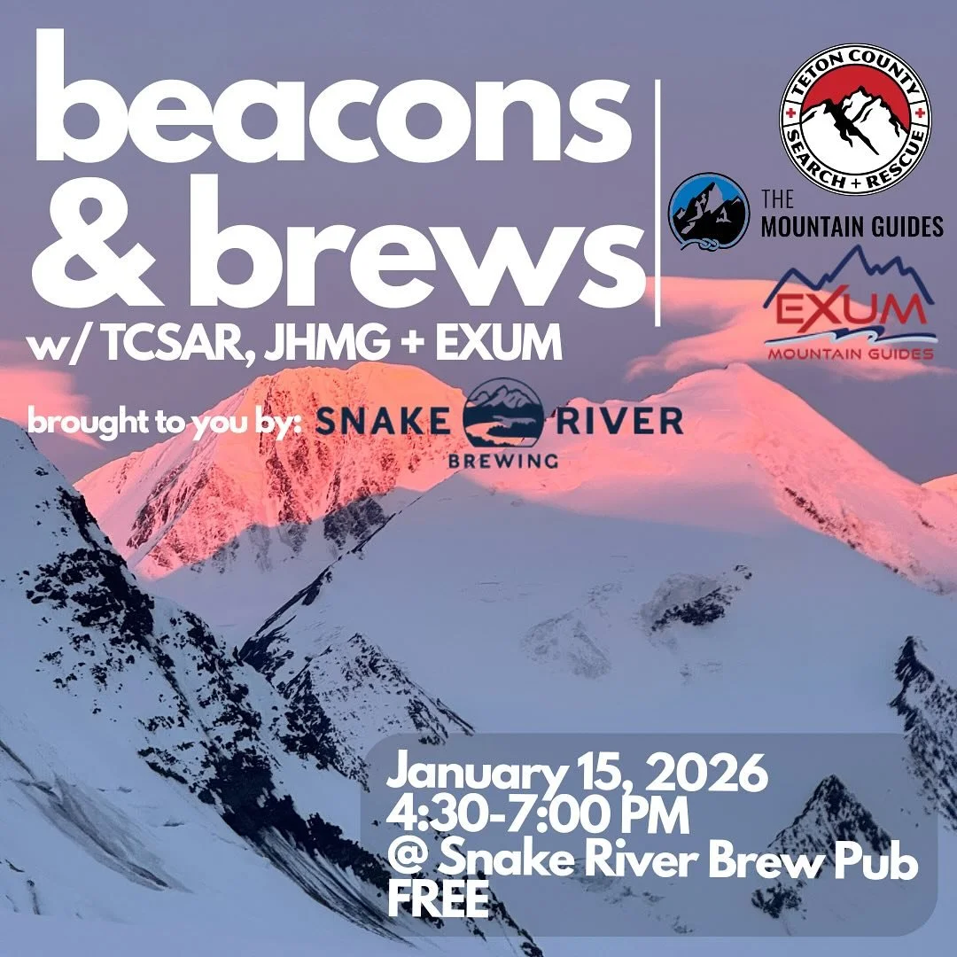 JOIN US next Thursday, January 15th at Snake River Brew Pub for our tried and true annual beacon search training event: BEACONS + BREWS

&bull;Free @snakeriverbrew provided 🍻 

&bull;Free mentorship from @exumguides @themtnguides and @tetoncountysar