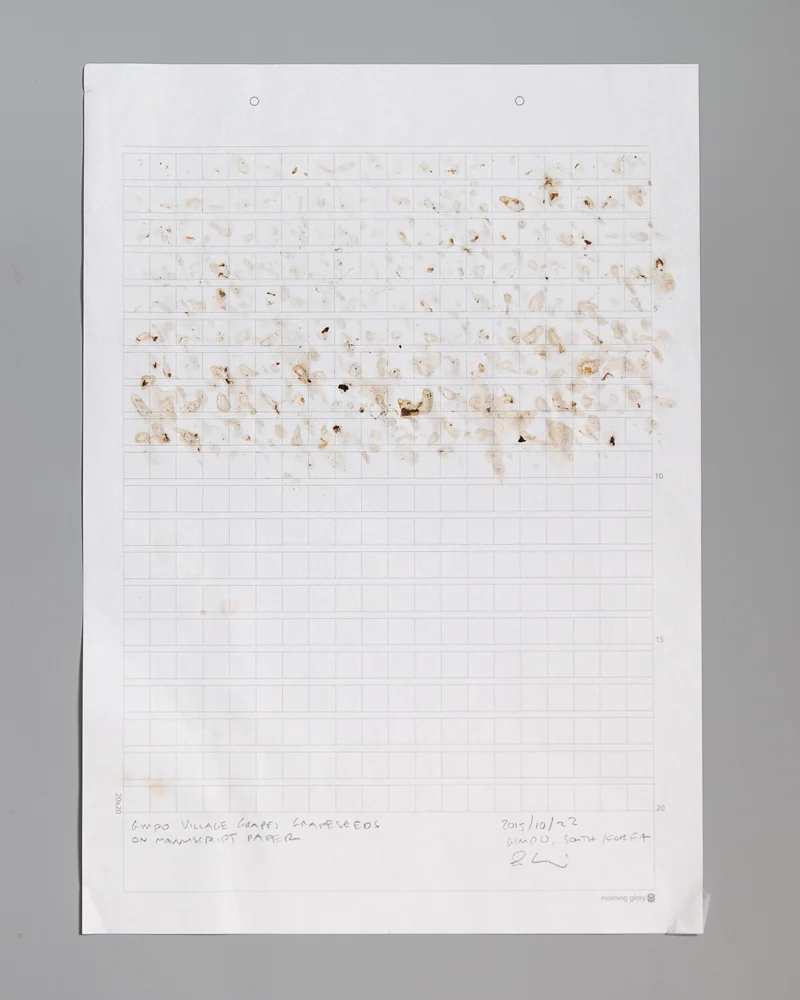 (VIDEO WORKS: Dumb Durational Piece) Grape Seed Grid Leftovers , 2015, South Korea Remnants of saliva and grape seeds on manuscript graph paper, 2015, 21 cm x 29.5 cm // 8.25 in x 11.75 in