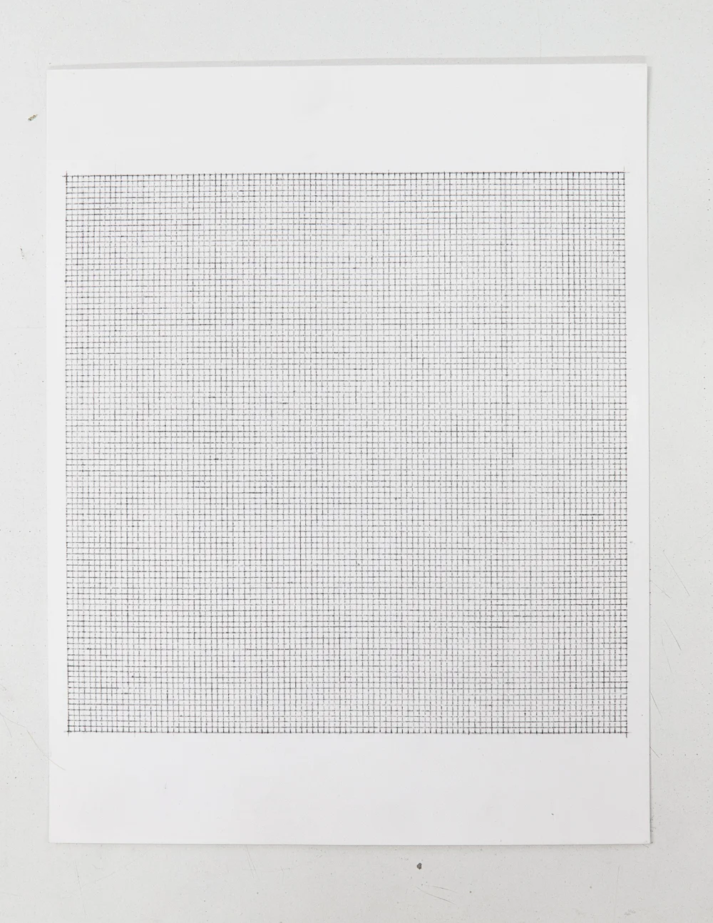 (PRISONTIME/PRISONINME: Transition to Metric) 2mm x 2mm on 20cm x 20cm, 2014 Pencil on semi-matte inkjet fiber paper, 8.5 in. x 11 in.