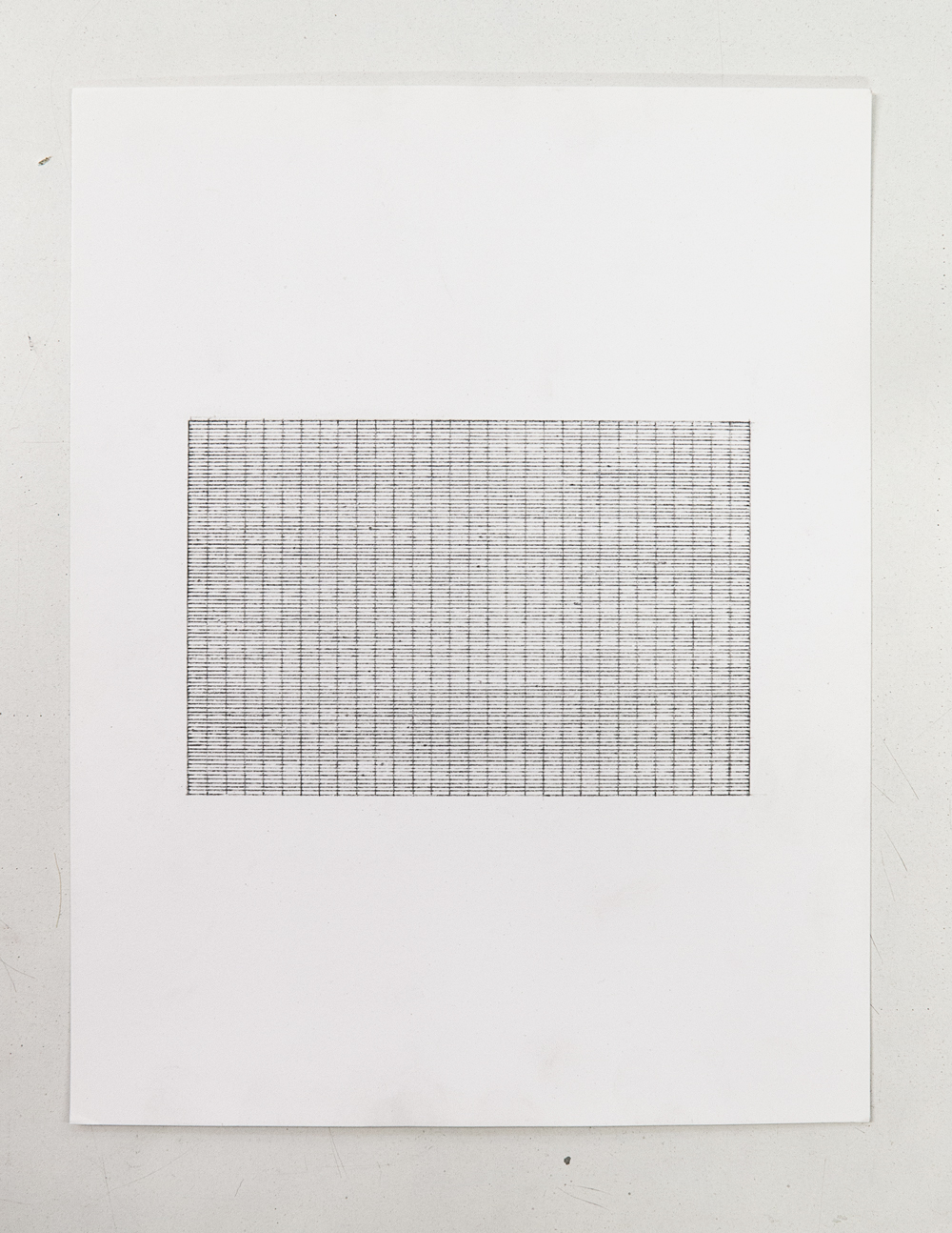 (PRISONTIME/PRISONINME: Transition to Metric) 1 5mm x 1mm on 5cm x 10cm, 2014 Pencil on semi-matte inkjet fiber paper, 8.5 in. x 11 in.