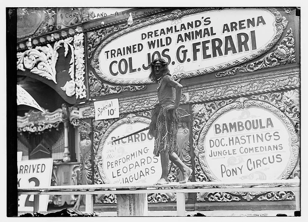 "Turning the tip" (which means, getting passersby to come see a show) at Dreamland, Coney Island, 1911 (h/t: Library of Congress).