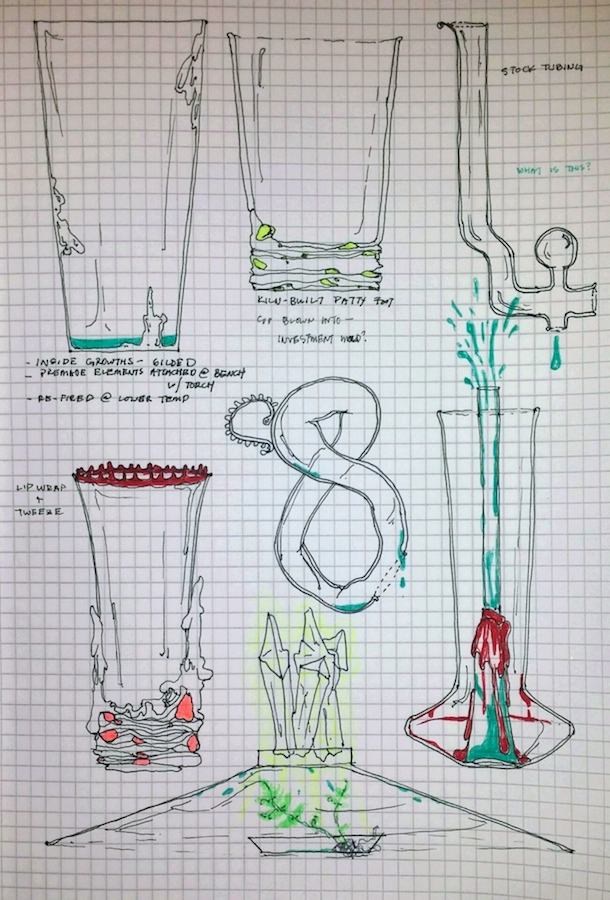 Considering the usage of pre-made, organically-shaped, fused-powder feet re-invested into a plaster/silica mold and conjoined with a blown vessel. Also interested in the idea of leaking, useless Pyrex inventions, a radioactive crystal/bell jar for f