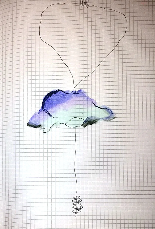 Concept for massive, sculptural glass necklace. Chalk pastel, pen.