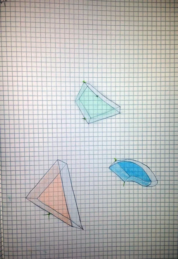 Concept for cast-glass geometric blocks. Chalk pastel, graphite.